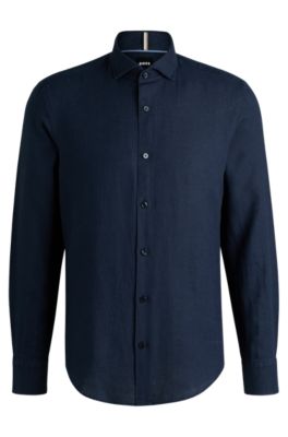 Chemise Casual en lin avec col italien, Bleu fonc&eacute;