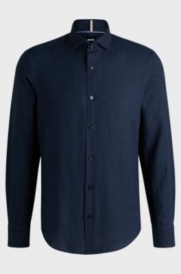 Casual-fit shirt in linen with spread collar, Dark Blue