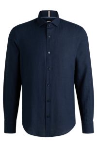 Casual-fit shirt in linen with spread collar, Dark Blue