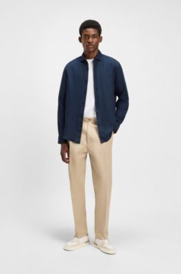 Casual-fit shirt in linen with spread collar, Dark Blue