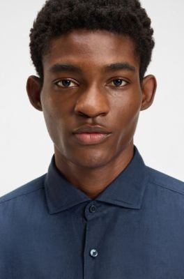 Chemise Casual en lin avec col italien, Bleu fonc&eacute;