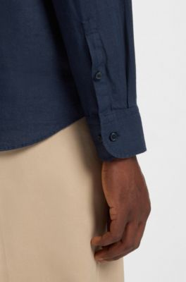 Chemise Casual en lin avec col italien, Bleu fonc&eacute;