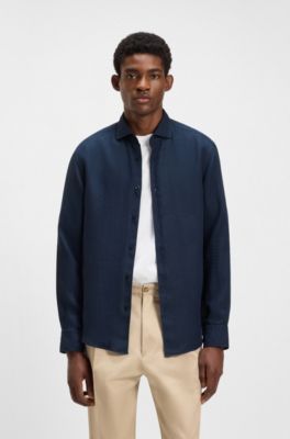 Chemise Casual en lin avec col italien, Bleu fonc&eacute;