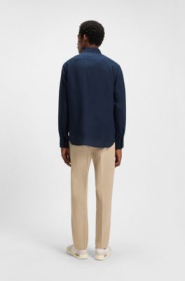 Chemise Casual en lin avec col italien, Bleu fonc&eacute;