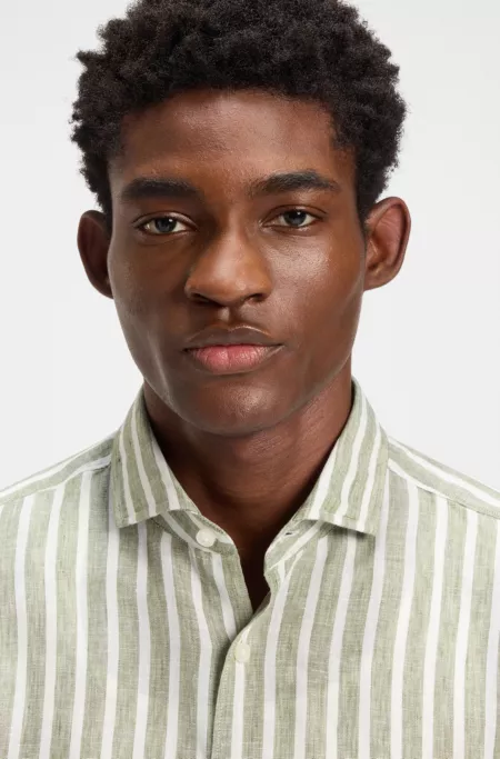 Regular-fit shirt in striped linen chambray