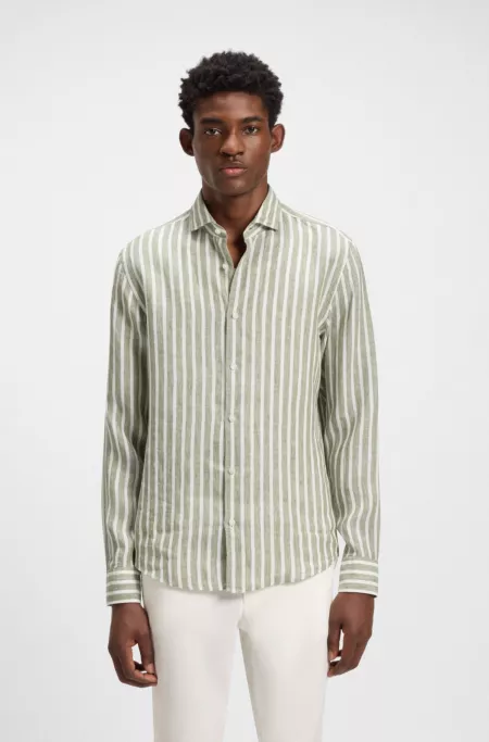 Regular-fit shirt in striped linen chambray