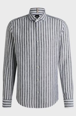 Regular-fit shirt in striped linen chambray, Blue Patterned