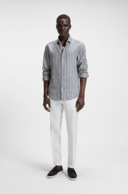 Regular-fit shirt in striped linen chambray, Blue Patterned
