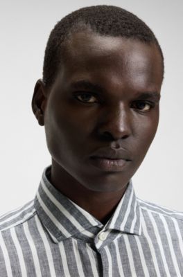 Regular-fit shirt in striped linen chambray, Blue Patterned