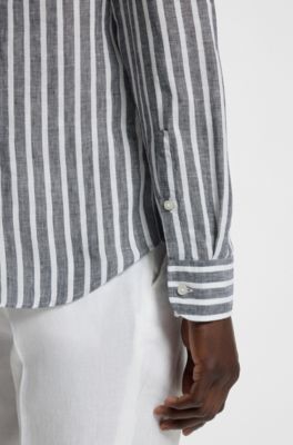 Regular-fit shirt in striped linen chambray, Blue Patterned