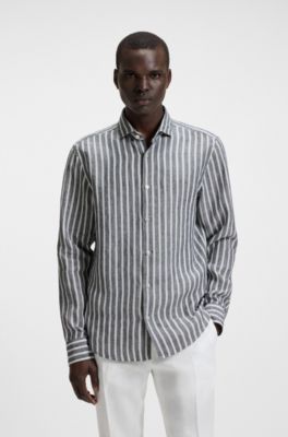 Regular-fit shirt in striped linen chambray, Blue Patterned