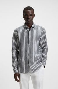 Regular-Fit Hemd aus gestreiftem Leinen-Chambray, Blau gemustert