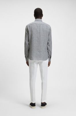 Regular-fit shirt in striped linen chambray, Blue Patterned