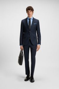 Abito slim fit in lana vergine con micromotivo, Blu scuro