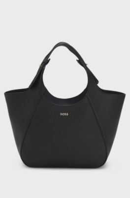 Tote Bag aus genarbtem Leder mit Logo-Schriftzug, Schwarz