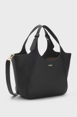 Leather tote bag with logo lettering, Black