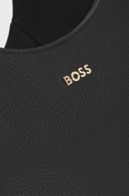Leather tote bag with logo lettering, Black