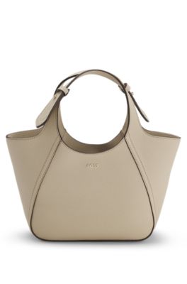 Leather tote bag with logo lettering, Light Beige