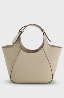 Leather tote bag with logo lettering, Light Beige