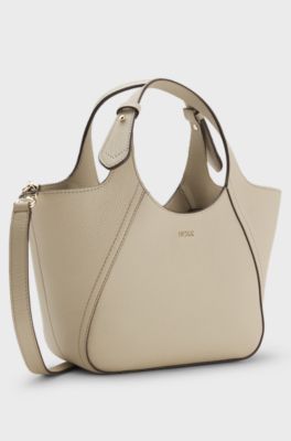 Leather tote bag with logo lettering, Light Beige