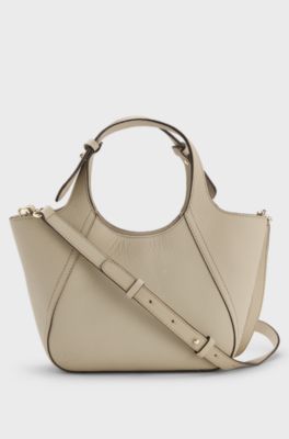 Leather tote bag with logo lettering, Light Beige
