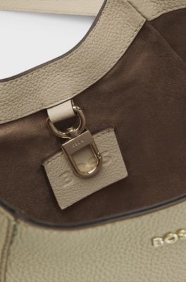 Leather tote bag with logo lettering, Light Beige