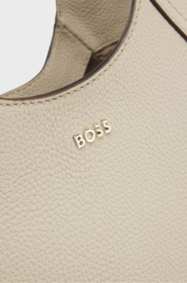 Leather tote bag with logo lettering, Light Beige