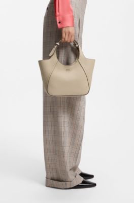 Leather tote bag with logo lettering, Light Beige
