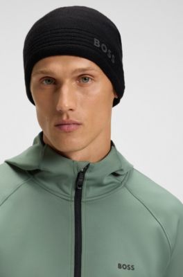 Wool-blend beanie hat with rubber-print logo, Black