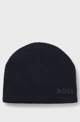 Wool-blend beanie hat with rubber-print logo, Dark Blue