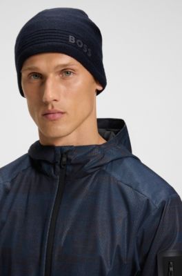 Wool-blend beanie hat with rubber-print logo, Dark Blue