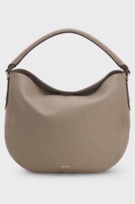 Grained-leather shoulder bag with gold-tone logo, Light Brown