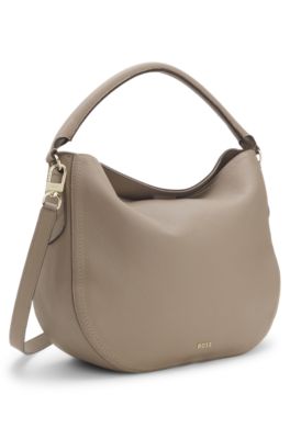 Grained-leather shoulder bag with gold-tone logo, Light Brown