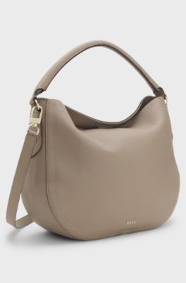 Grained-leather shoulder bag with gold-tone logo, Light Brown