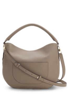 Grained-leather shoulder bag with gold-tone logo, Light Brown