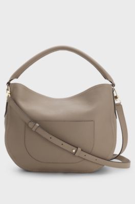 Grained-leather shoulder bag with gold-tone logo, Light Brown