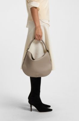 Grained-leather shoulder bag with gold-tone logo, Light Brown