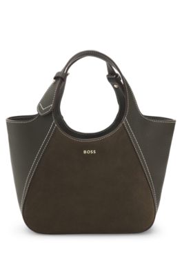 Tote bag in suede and grained leather, Dark Green