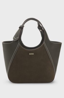 Tote bag in suede and grained leather, Dark Green