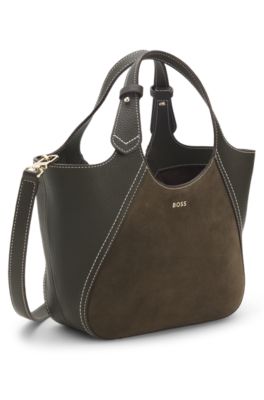 Tote bag in suede and grained leather, Dark Green