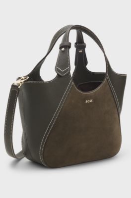 Tote bag in suede and grained leather, Dark Green