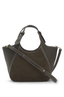 Tote bag in suede and grained leather, Dark Green