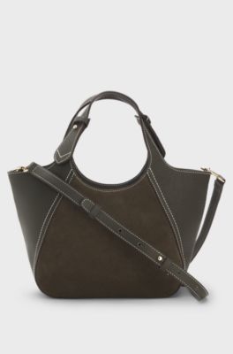 Tote bag in suede and grained leather, Dark Green