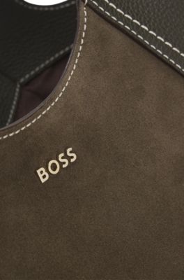 Tote bag in suede and grained leather, Dark Green