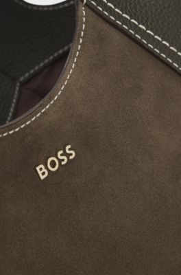 Tote bag in suede and grained leather, Dark Green