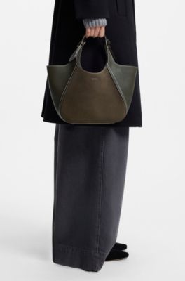 Tote bag in suede and grained leather, Dark Green