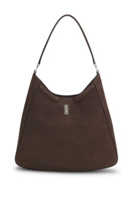 Ariell hobo bag in nubuck with Double B monogram, Dark Brown