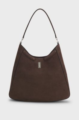 Ariell hobo bag in nubuck with Double B monogram, Dark Brown