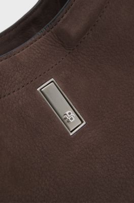 Ariell hobo bag in nubuck with Double B monogram, Dark Brown