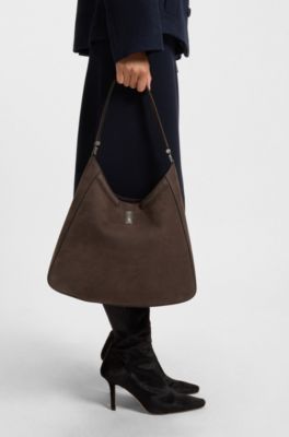 Ariell hobo bag in nubuck with Double B monogram, Dark Brown